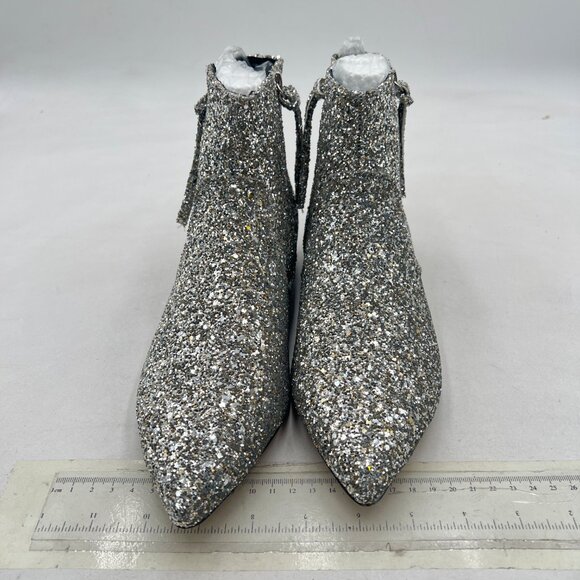 XYD Silver Glitter Pointed Toe Ankle Boots Low Heel Double Side Zippers Shoe - Picture 3 of 8